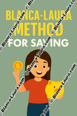 Original illustration Blanca-Laura for the method 'Saving'. A young woman radiating happiness holds a piggy bank and raises a golden coin. Title at the top: 'Blanca-Laura Method for Saving'.