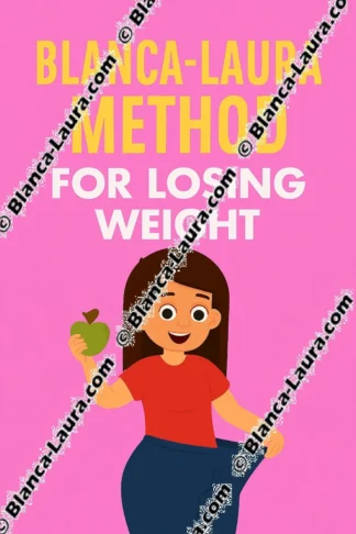 Original Blanca-Laura illustration for the 'Losing Weight' method. A young woman radiating with happiness shows her now loose pants. She holds a green apple in her right hand. Title at the top: 'Blanca-Laura Method for Losing Weight'.