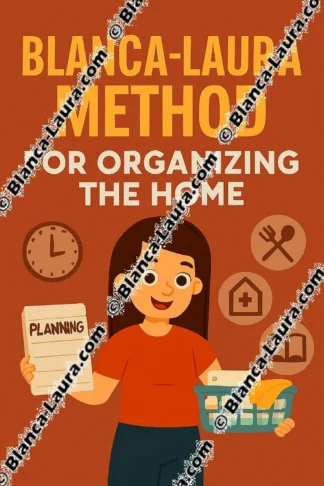 Original illustration by Blanca-Laura for the method 'Organizing the Home.' A happy young woman holds a basket and a SCHEDULE. On the right, three circles: open book, house, crossed cutlery. On the left, a circle with a clock. Title at the top: 'Blanca-Laura Method for Organizing the Home'.