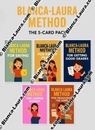 Official presentation of the Blanca-Laura methods pack "The 5-Card Pack." The five method cards (Saving, Family Prayer, Getting Good Grades, Losing Weight, Organizing the Home) are fanned out on a very light gray background. Main title in yellow: "BLANCA-LAURA METHOD." Each card features a colorful illustration and a specific title.