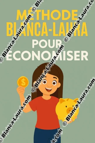 Illustration originale Blanca-Laura pour la méthode "Économiser". Une jeune femme rayonnante de bonheur tient une tirelire cochon et brandit une pièce dorée. Titre en haut : "Méthode Blanca-Laura pour Économiser".