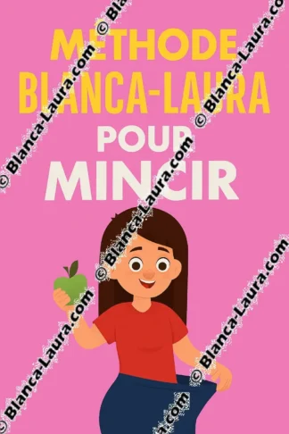 Illustration originale Blanca-Laura pour la méthode "Mincir". Une jeune femme rayonnante de bonheur présente son pantalon devenu ample. Elle tient une pomme verte dans sa main droite. Titre en haut : "Méthode Blanca-Laura pour Mincir".