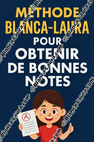 Illustration originale Blanca-Laura pour la méthode "Obtenir de bonnes notes". Une jeune fille souriante, pouce levé, présente fièrement un examen avec la note A. Titre en haut : "Méthode Blanca-Laura pour Obtenir de bonnes notes".