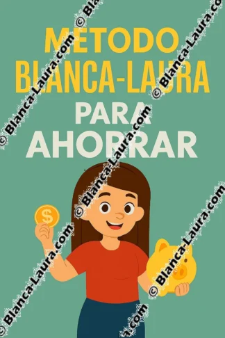 Ilustración original Blanca-Laura para el método "Ahorrar". Una joven radiante de felicidad sostiene una hucha con forma de cerdito y muestra una moneda dorada. Título arriba: "Método Blanca-Laura para Ahorrar".