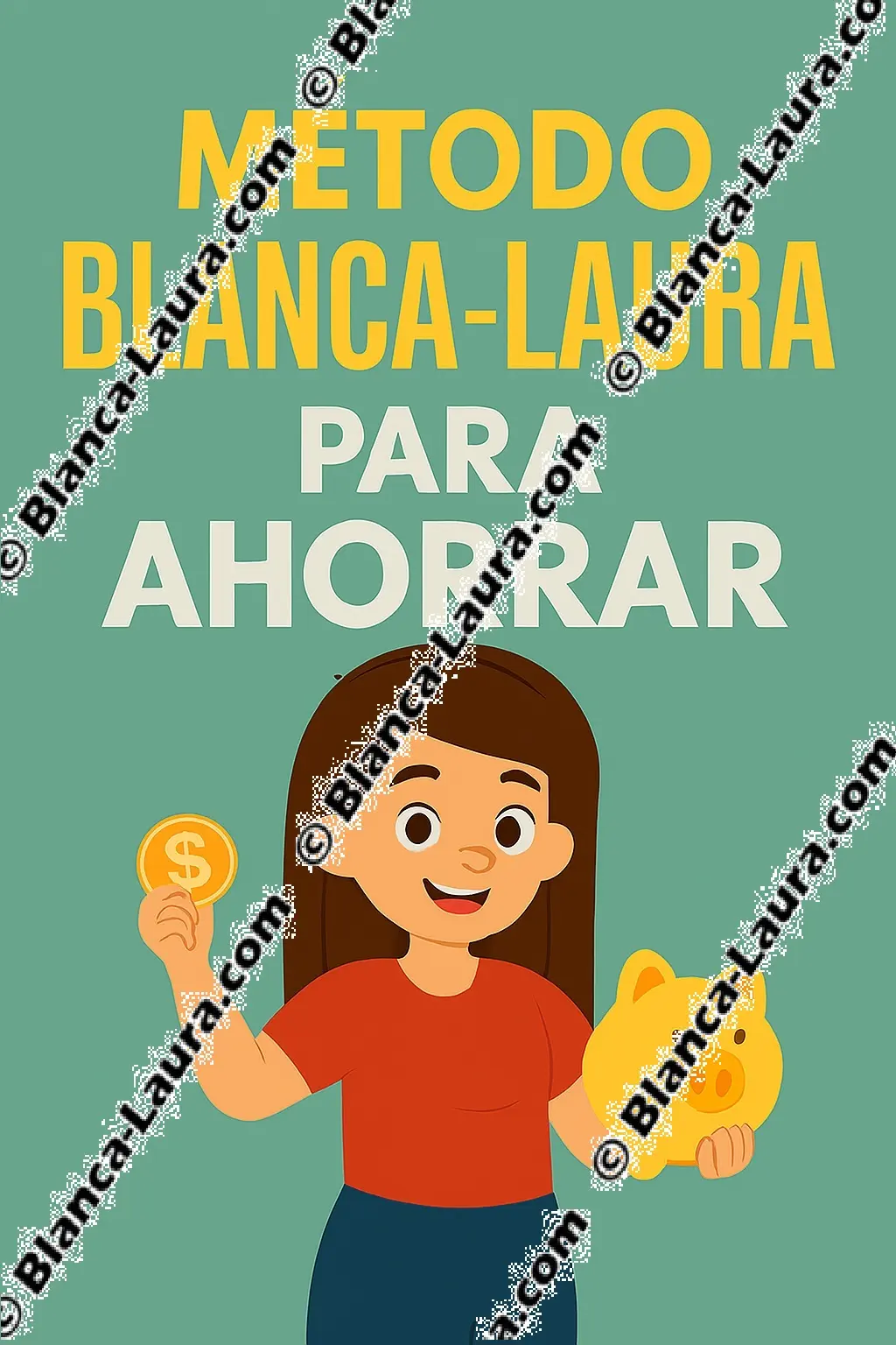 Ilustración original Blanca-Laura para el método "Ahorrar". Una joven radiante de felicidad sostiene una hucha con forma de cerdito y muestra una moneda dorada. Título arriba: "Método Blanca-Laura para Ahorrar".