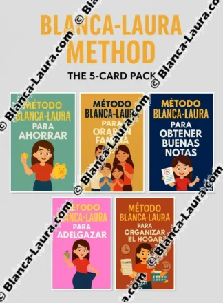 Presentación oficial del paquete de métodos Blanca-Laura "The 5-Card Pack". Las cinco tarjetas-método (Ahorrar, Orar en familia, Obtener buenas notas, Adelgazar, Organizar el hogar) están dispuestas en abanico sobre un fondo gris muy claro. Título principal en amarillo: "BLANCA-LAURA METHOD". Cada ficha cuenta con una ilustración colorida y un título específico.