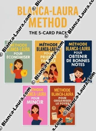 Présentation officielle de la méthode Blanca-Laura "The 5-Card Pack". Les cinq fiches de méthodes (Économiser, Prier en famille, Obtenir de bonnes notes, Mincir, Organiser le foyer) sont disposées en éventail sur un fond gris très clair. Titre principal en jaune : "BLANCA-LAURA METHOD". Chaque fiche comporte une illustration colorée et un titre spécifique.