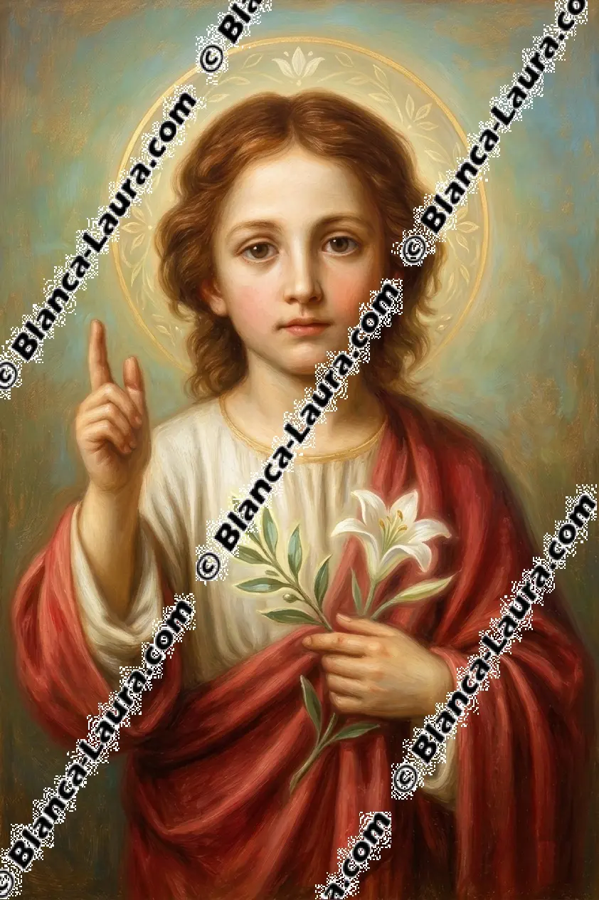 Jésus à l'âge de 12 ans portant les symboles de paix et de pureté.