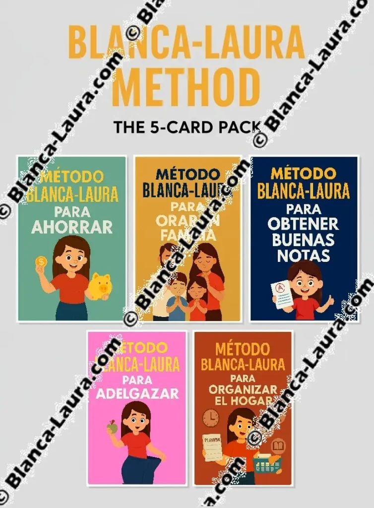 Presentación oficial del paquete de métodos Blanca-Laura "The 5-Card Pack". Las cinco tarjetas-método (Ahorrar, Orar en familia, Obtener buenas notas, Adelgazar, Organizar el hogar) están dispuestas en abanico sobre un fondo gris muy claro. Título principal en amarillo: "BLANCA-LAURA METHOD". Cada ficha cuenta con una ilustración colorida y un título específico.