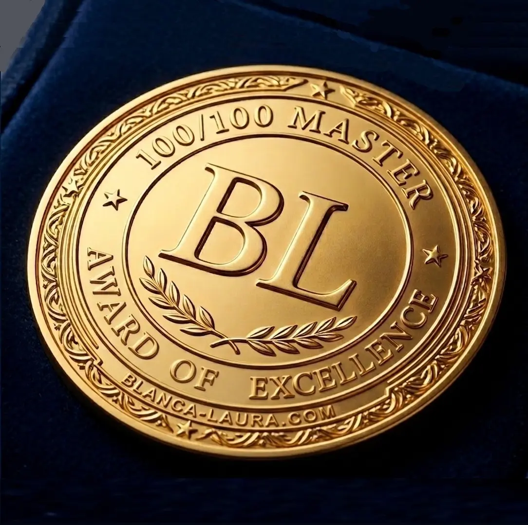 Blanca-Laura medal with the inscriptions : BL letters in the center, 100/100 Master, Award of Excellence and Blanca-Laura.com website