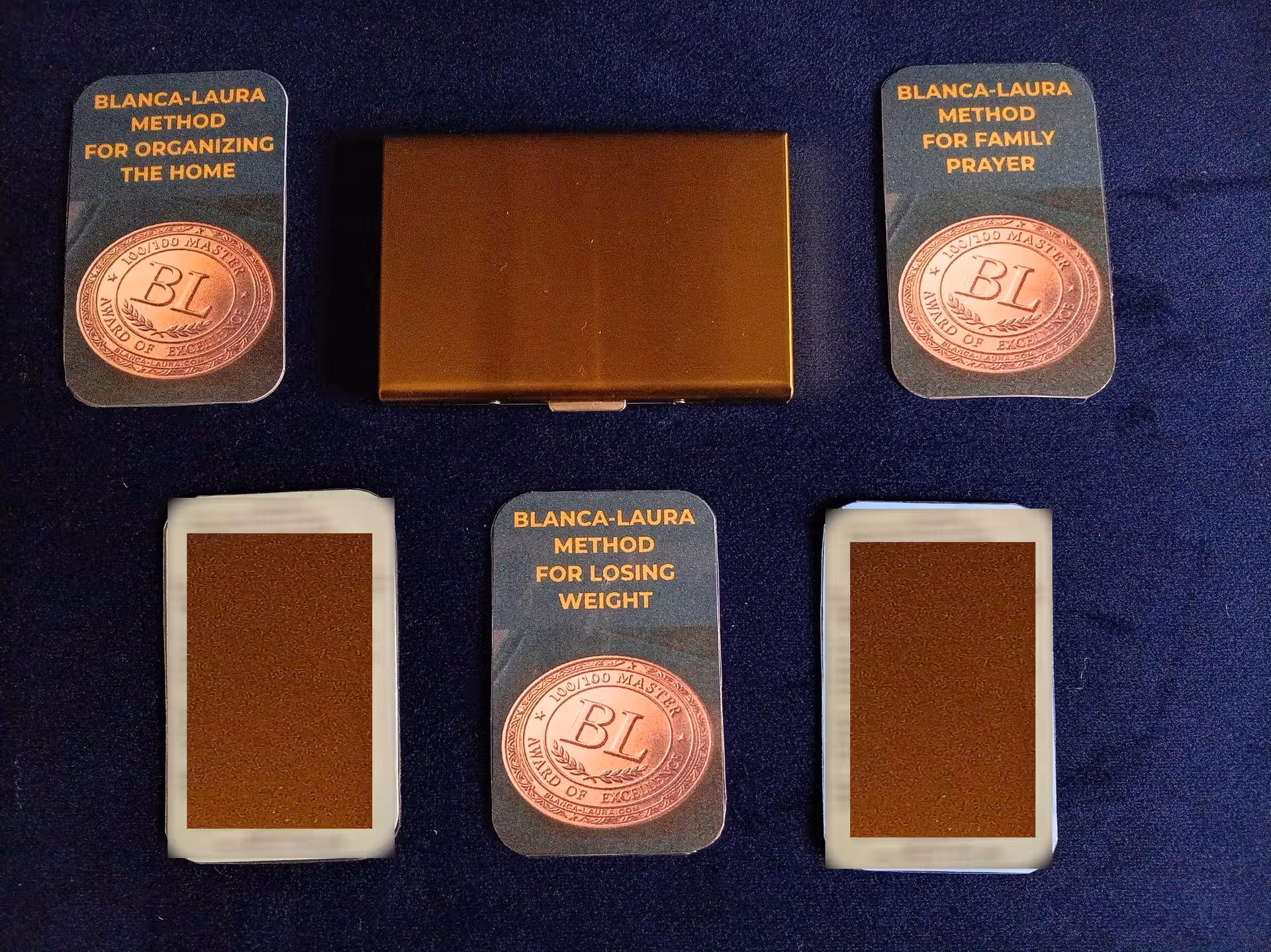 The 5 cards of the Blanca-Laura Methods around their golden case. The Methods are on the back of the cards.