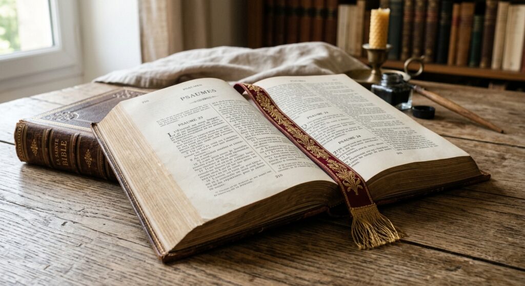Bible ouverte sur une table en bois.